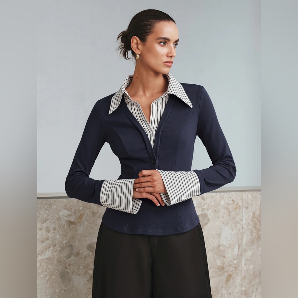 Mock Two-Piece Long-Sleeve Two Tone Polo Top